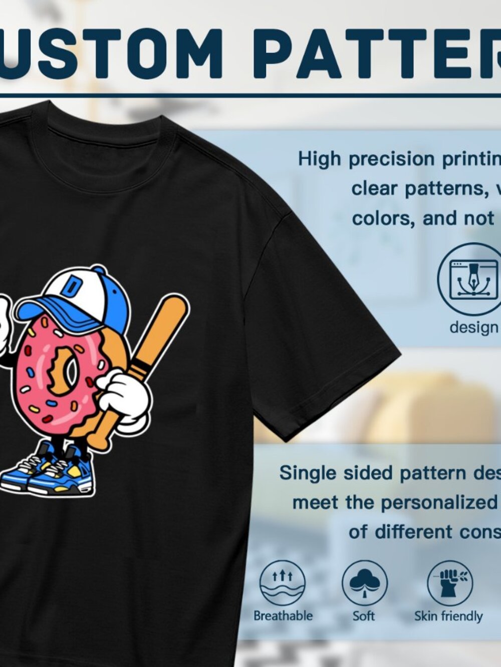 Men's Black Short Sleeve Tee with Donut Baseball Graphic - Picture 2 of 5